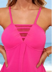 Hot Pink swimwear,Plain Color swimwear,ROTITA Spaghetti Strap Rose Red Mesh Stitching Tankini Set