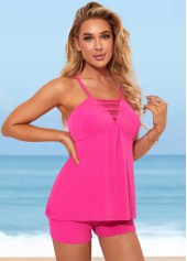 Hot Pink swimwear,Plain Color swimwear,ROTITA Spaghetti Strap Rose Red Mesh Stitching Tankini Set