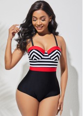 Multi Color swimwear,Striped swimwear,ROTITA Spaghetti Strap Striped One Piece Swimwear