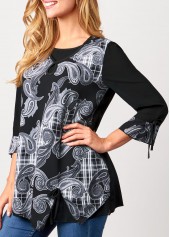 Black tops,Paisley tops,ROTITA Black Paisley Print 3/4 Sleeve Blouse