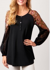 Black tops,Contrast Color tops,ROTITA Black Lace Stitching Long Sleeve Blouse