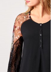 Black tops,Contrast Color tops,ROTITA Black Lace Stitching Long Sleeve Blouse