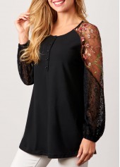 Black tops,Contrast Color tops,ROTITA Black Lace Stitching Long Sleeve Blouse
