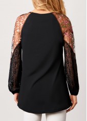 Black tops,Contrast Color tops,ROTITA Black Lace Stitching Long Sleeve Blouse