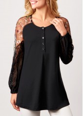 ROTITA Black Lace Stitching Long Sleeve Blouse