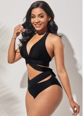 Black swimwear,Plain Color swimwear,ROTITA Halter Cross Strap Black Bikini Set