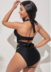 Black swimwear,Plain Color swimwear,ROTITA Halter Cross Strap Black Bikini Set