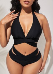 Black swimwear,Plain Color swimwear,ROTITA Halter Cross Strap Black Bikini Set
