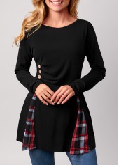 Black tops,Plaid tops,ROTITA Plaid Black Decorative Button T Shirt