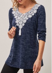 Dusty Blue tops,Contrast Color tops,ROTITA Lace Patchwork Dusty Blue Tie Front T Shirt
