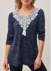 ROTITA Lace Patchwork Dusty Blue Tie Front T Shirt