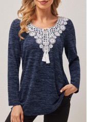 Dusty Blue tops,Contrast Color tops,ROTITA Lace Patchwork Dusty Blue Tie Front T Shirt