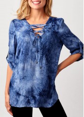 Blue tops,Tie Dye tops,ROTITA Tie Dye Blue Lace Up Blouse