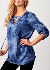Blue tops,Tie Dye tops,ROTITA Tie Dye Blue Lace Up Blouse