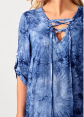 Blue tops,Tie Dye tops,ROTITA Tie Dye Blue Lace Up Blouse