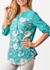 Cyan tops,Floral tops,ROTITA Embroidered Mesh Stitching Split Neck Cyan Blouse