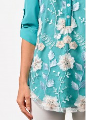 Cyan tops,Floral tops,ROTITA Embroidered Mesh Stitching Split Neck Cyan Blouse