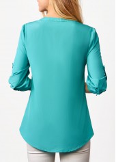 Cyan tops,Floral tops,ROTITA Embroidered Mesh Stitching Split Neck Cyan Blouse