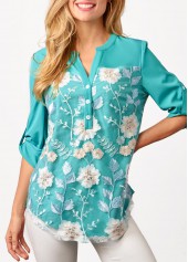 Cyan tops,Floral tops,ROTITA Embroidered Mesh Stitching Split Neck Cyan Blouse
