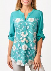 ROTITA Embroidered Mesh Stitching Split Neck Cyan Blouse