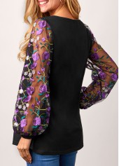 Black tops,Floral tops,ROTITA Cross Strap Mesh Embroidered Lantern Sleeve Black T Shirt
