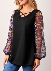 Black tops,Floral tops,ROTITA Cross Strap Mesh Embroidered Lantern Sleeve Black T Shirt