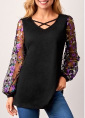 ROTITA Cross Strap Mesh Embroidered Lantern Sleeve Black T Shirt