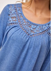 Blue tops,Plain Color tops,ROTITA Blue Lace Stitching Round Neck T Shirt