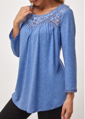 Blue tops,Plain Color tops,ROTITA Blue Lace Stitching Round Neck T Shirt