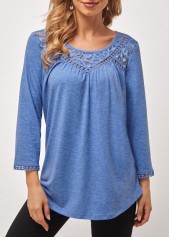 Blue tops,Plain Color tops,ROTITA Blue Lace Stitching Round Neck T Shirt