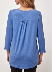 Blue tops,Plain Color tops,ROTITA Blue Lace Stitching Round Neck T Shirt