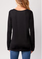 Black tops,Leopard tops,Leopard Black Round Neck Long Sleeve T Shirt