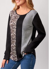 Black tops,Leopard tops,Leopard Black Round Neck Long Sleeve T Shirt