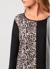 Black tops,Leopard tops,Leopard Black Round Neck Long Sleeve T Shirt