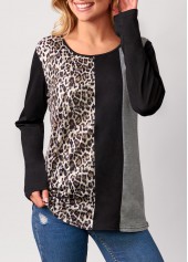 Black tops,Leopard tops,Leopard Black Round Neck Long Sleeve T Shirt