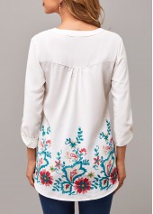 White tops,Floral tops,ROTITA Split Neck Floral Print Roll Tab Sleeve Blouse