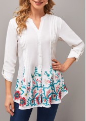 White tops,Floral tops,ROTITA Split Neck Floral Print Roll Tab Sleeve Blouse