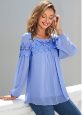ROTITA Blue Lace Stitching Long Sleeve Blouse