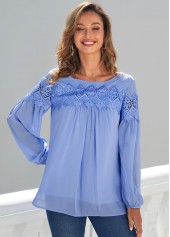 Blue tops,Plain Color tops,ROTITA Blue Lace Stitching Long Sleeve Blouse