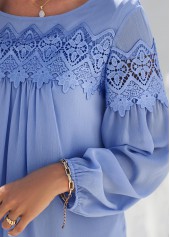 Blue tops,Plain Color tops,ROTITA Blue Lace Stitching Long Sleeve Blouse