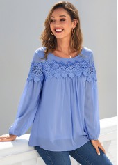Blue tops,Plain Color tops,ROTITA Blue Lace Stitching Long Sleeve Blouse