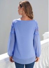Blue tops,Plain Color tops,ROTITA Blue Lace Stitching Long Sleeve Blouse