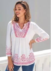 White tops,Tribal tops,ROTITA White Tribal Print Split Neck Blouse