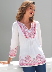 White tops,Tribal tops,ROTITA White Tribal Print Split Neck Blouse