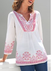 ROTITA White Tribal Print Split Neck Blouse