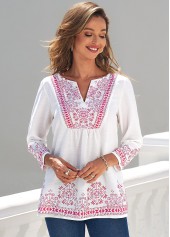 White tops,Tribal tops,ROTITA White Tribal Print Split Neck Blouse