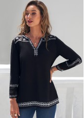 Black tops,Floral tops,ROTITA Black Printed Split Neck 3/4 Sleeve Blouse