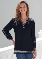 Black tops,Floral tops,ROTITA Black Printed Split Neck 3/4 Sleeve Blouse