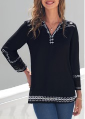 ROTITA Black Printed Split Neck 3/4 Sleeve Blouse