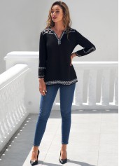 Black tops,Floral tops,ROTITA Black Printed Split Neck 3/4 Sleeve Blouse